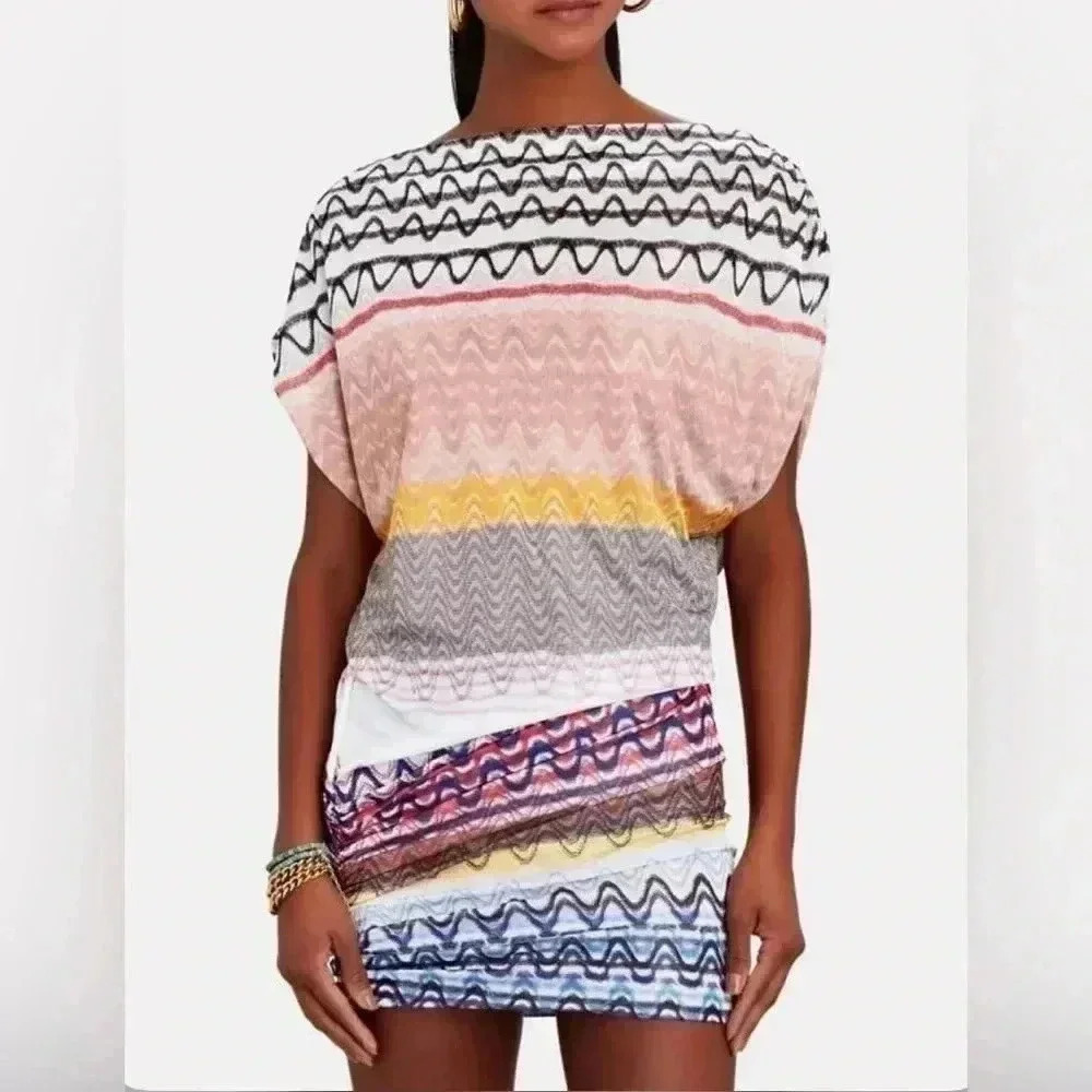 MISSONI Mini Dress Knit Chevron Boatneck 44 8 L Multicolor Midi Short Fitted - Picture 6 of 12
